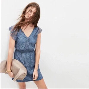 Madewell Womens 12 Blue Lace Short Sleeve Dress Cinch Waist